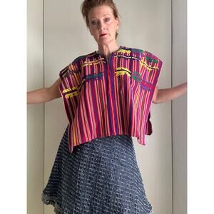 Vintage Guatemalan Poncho Cape Embroidery Handmade S/M fit Red Ethnic Purple